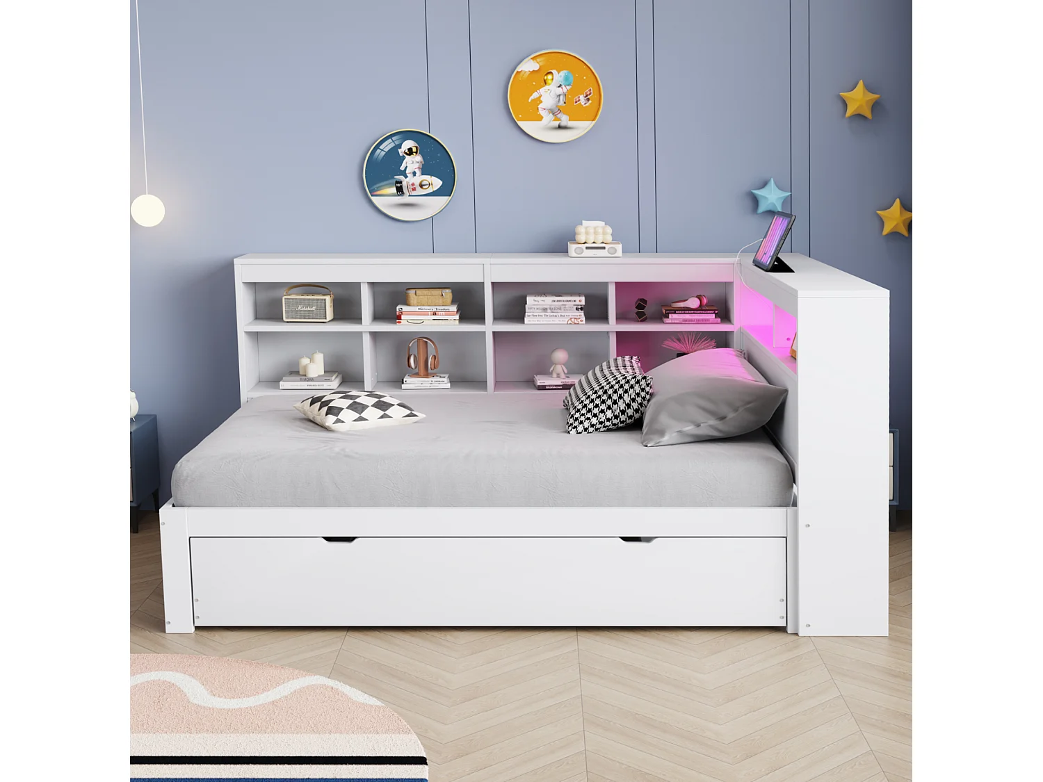 Canapé-lit rembourré gigogne - 90 x 200 cm + 90 x 190 cm - Leds et prises - avec rangements - Tissu flanelle - blanc