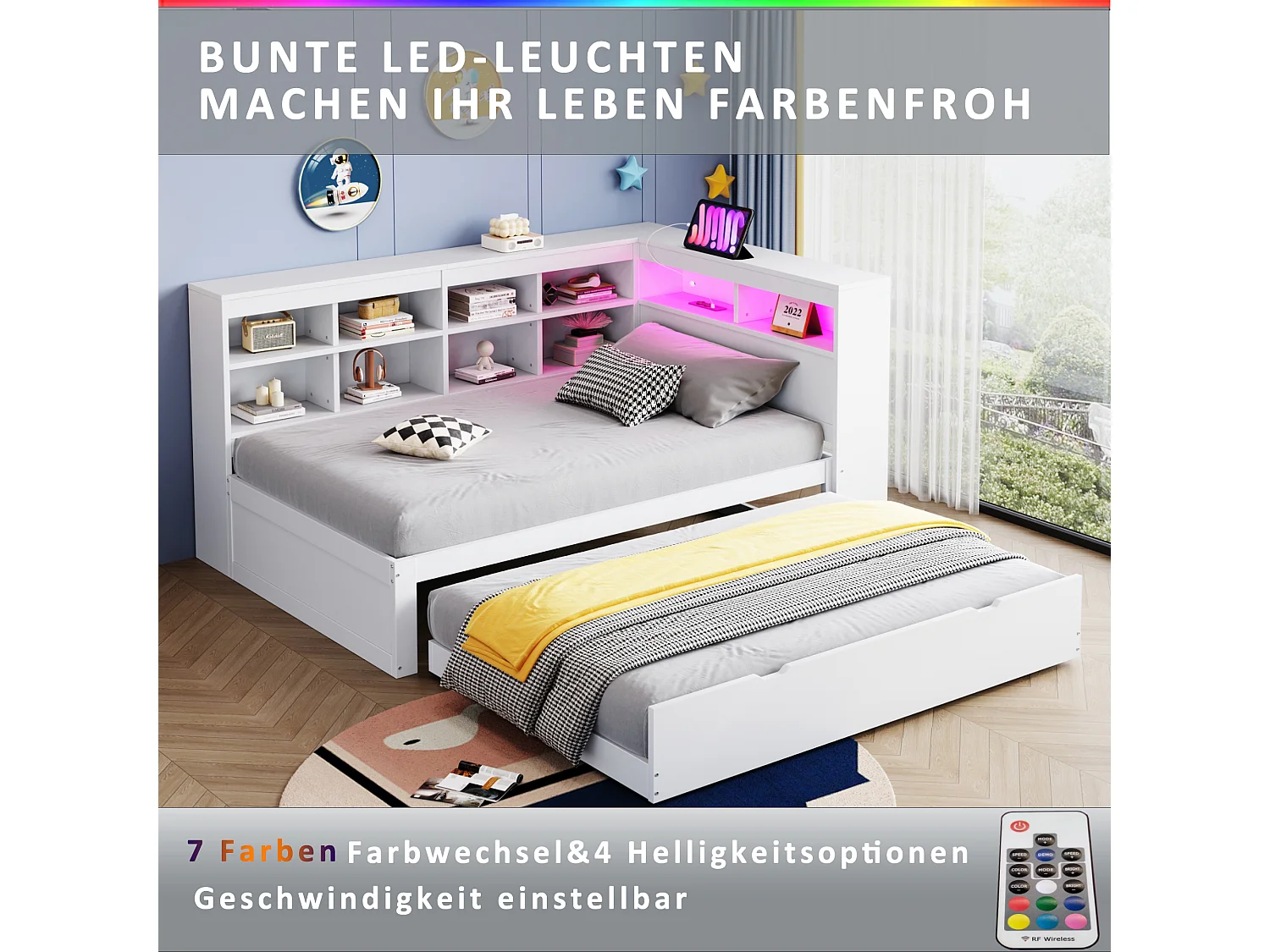 Canapé-lit rembourré gigogne - 90 x 200 cm + 90 x 190 cm - Leds et prises - avec rangements - Tissu flanelle - blanc