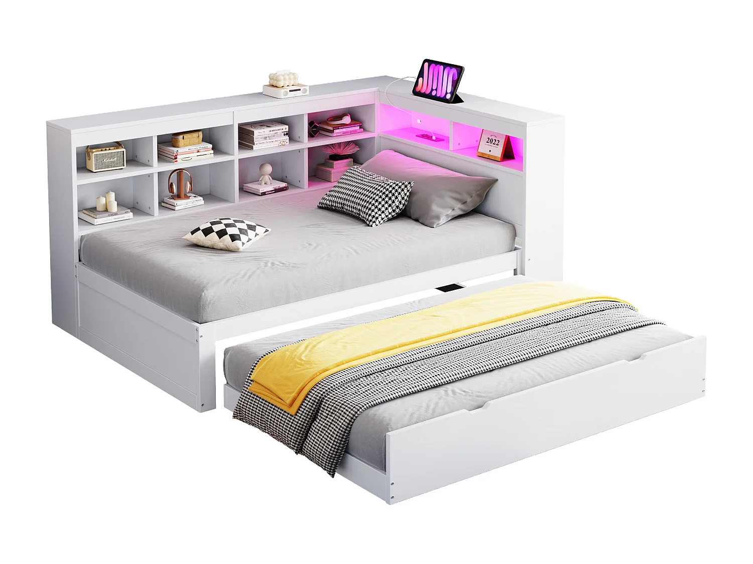 Canapé-lit rembourré gigogne - 90 x 200 cm + 90 x 190 cm - Leds et prises - avec rangements - Tissu flanelle - blanc