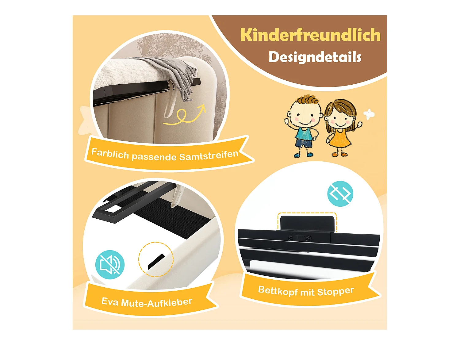 Canapé-lit coffre rembourré pour enfant - 90 x 190 cm - velours + métal + contreplaqué - Beige