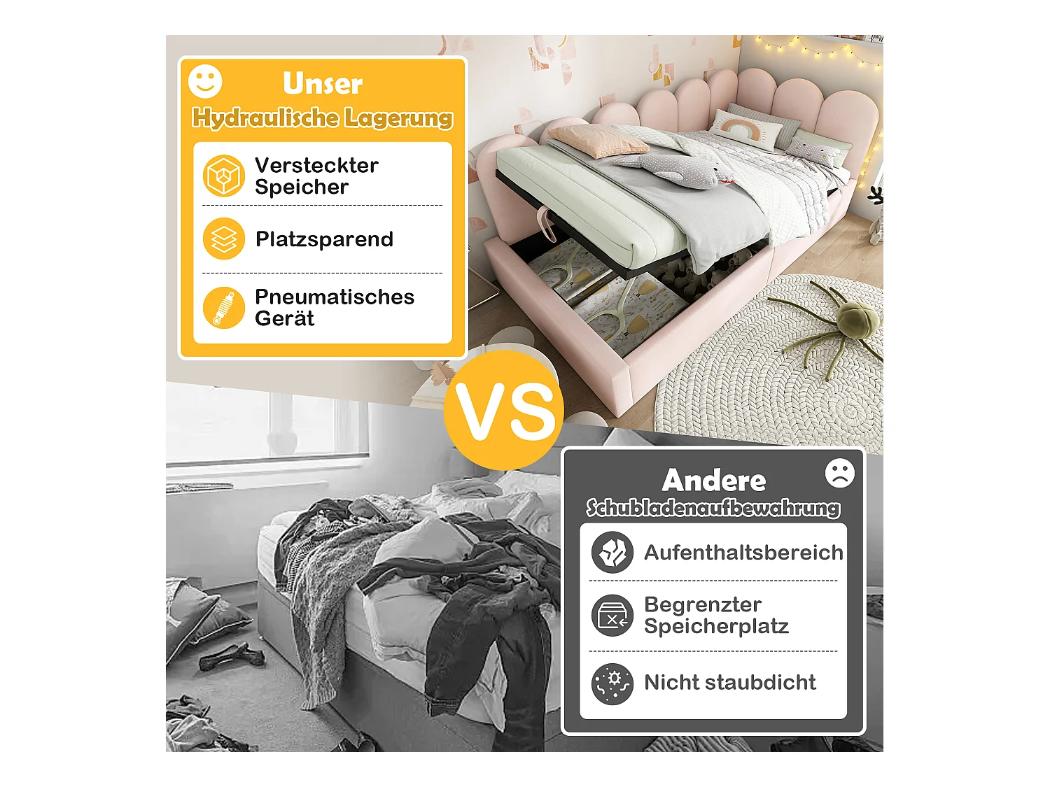 Canapé-lit coffre rembourré pour enfant - 90 x 190 cm - velours + métal + contreplaqué - Beige