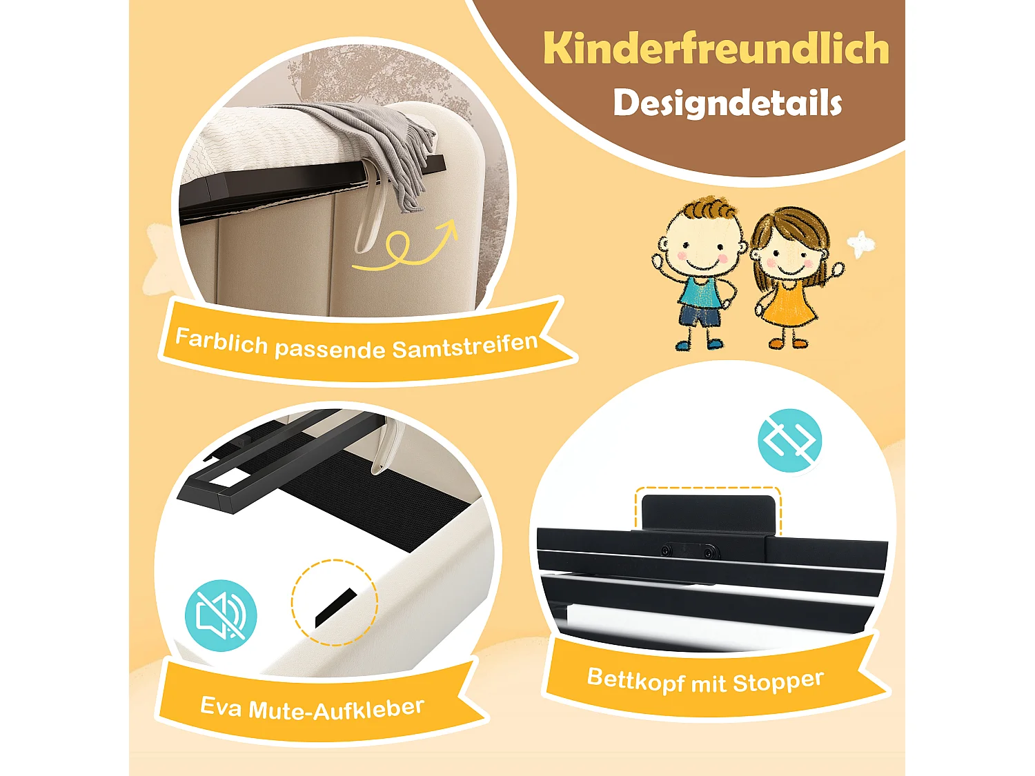 Gepolstertes Schlafsofa mit Stauraum für Kinder - 90 x 190 cm - Samt + Metall + Sperrholz - Beige