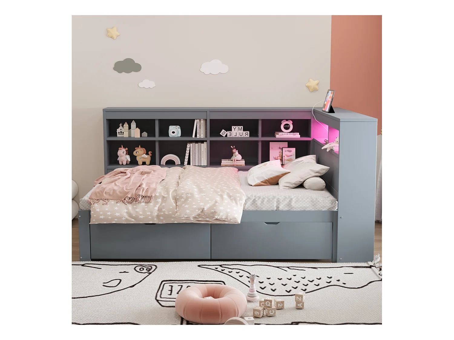 Divano letto imbottito - 90 x 200 cm - 2 cassetti - LED e prese - con contenitore - Tessuto in flanella - grigio