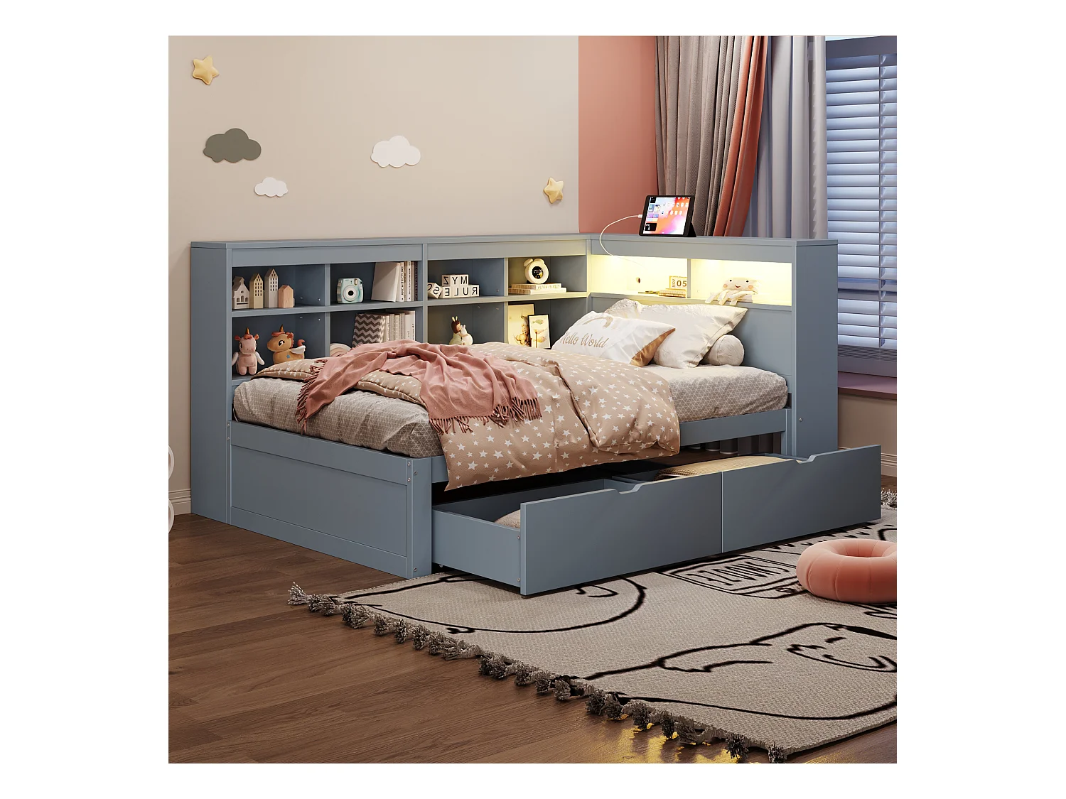 Divano letto imbottito - 90 x 200 cm - 2 cassetti - LED e prese - con contenitore - Tessuto in flanella - grigio