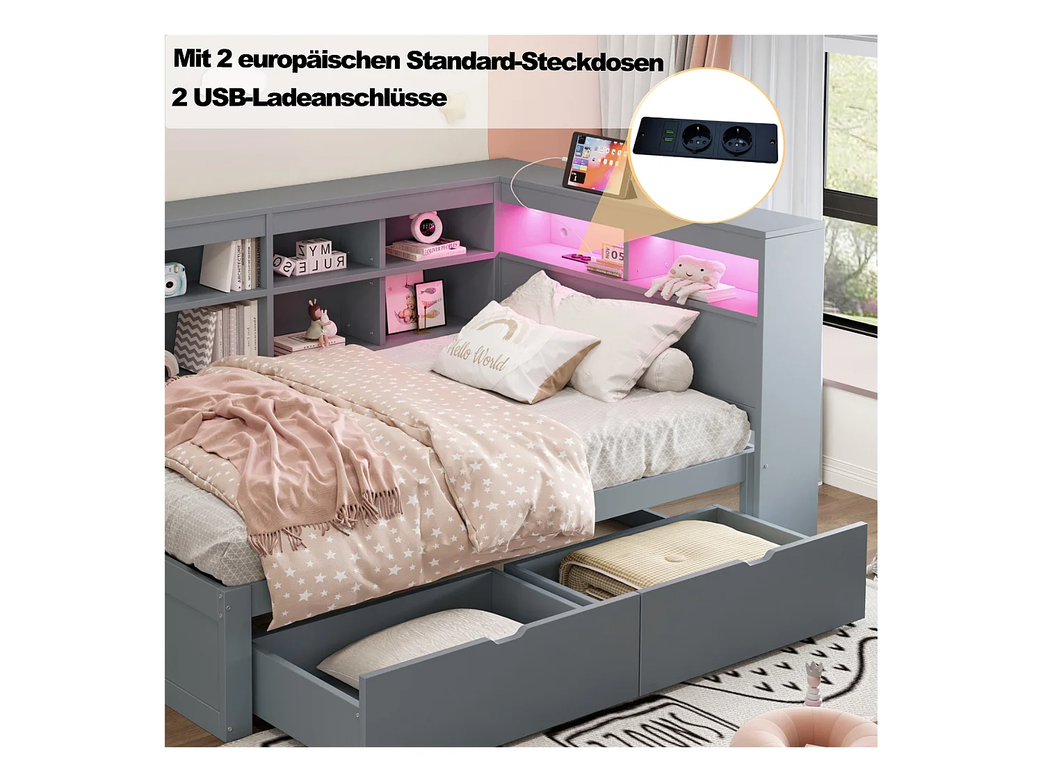 Divano letto imbottito - 90 x 200 cm - 2 cassetti - LED e prese - con contenitore - Tessuto in flanella - grigio