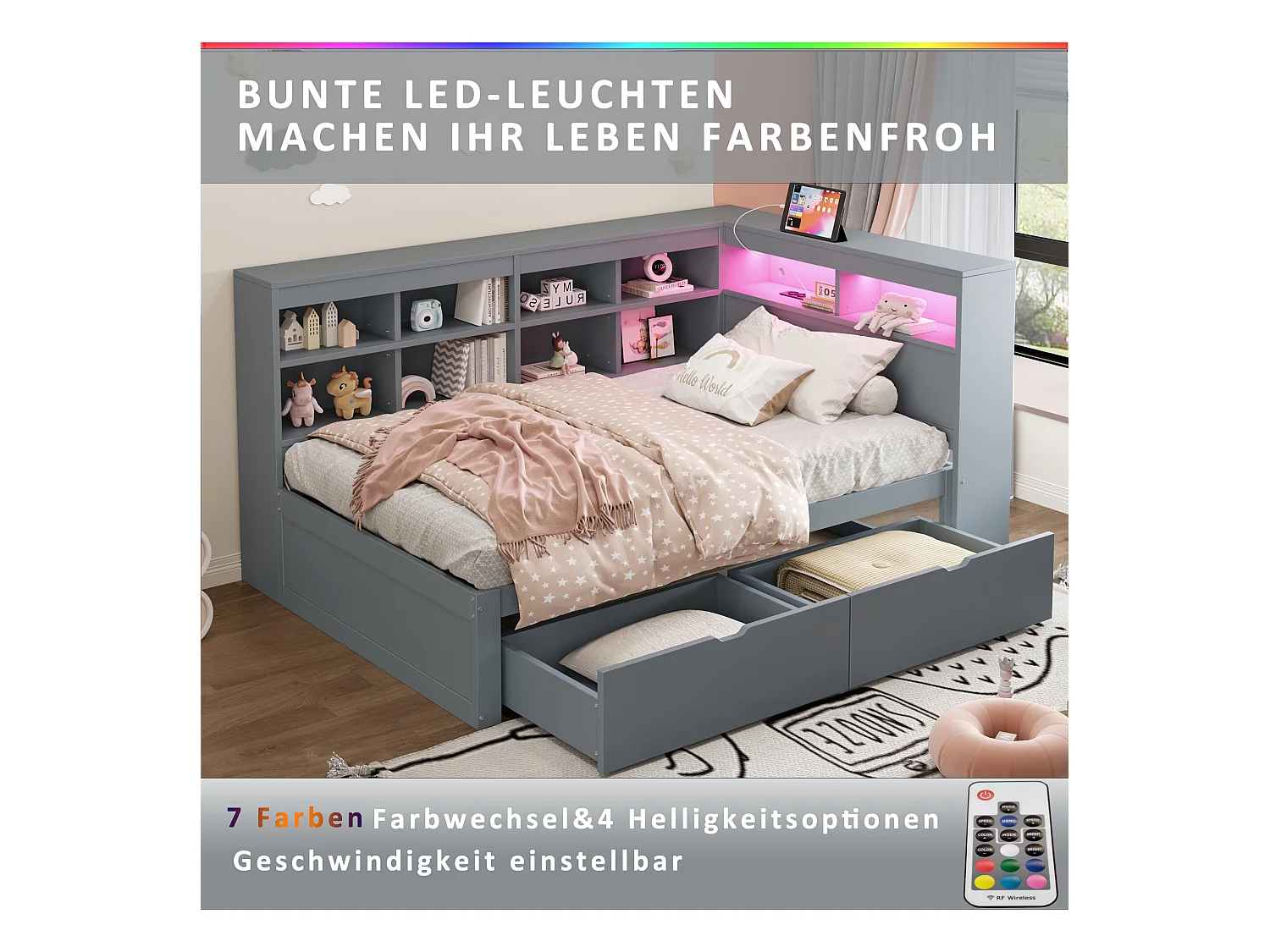 Divano letto imbottito - 90 x 200 cm - 2 cassetti - LED e prese - con contenitore - Tessuto in flanella - grigio