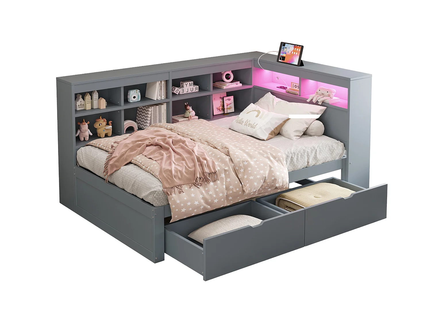 Divano letto imbottito - 90 x 200 cm - 2 cassetti - LED e prese - con contenitore - Tessuto in flanella - grigio