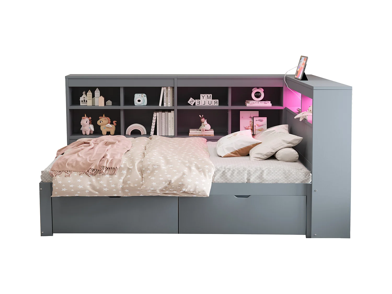 Divano letto imbottito - 90 x 200 cm - 2 cassetti - LED e prese - con contenitore - Tessuto in flanella - grigio