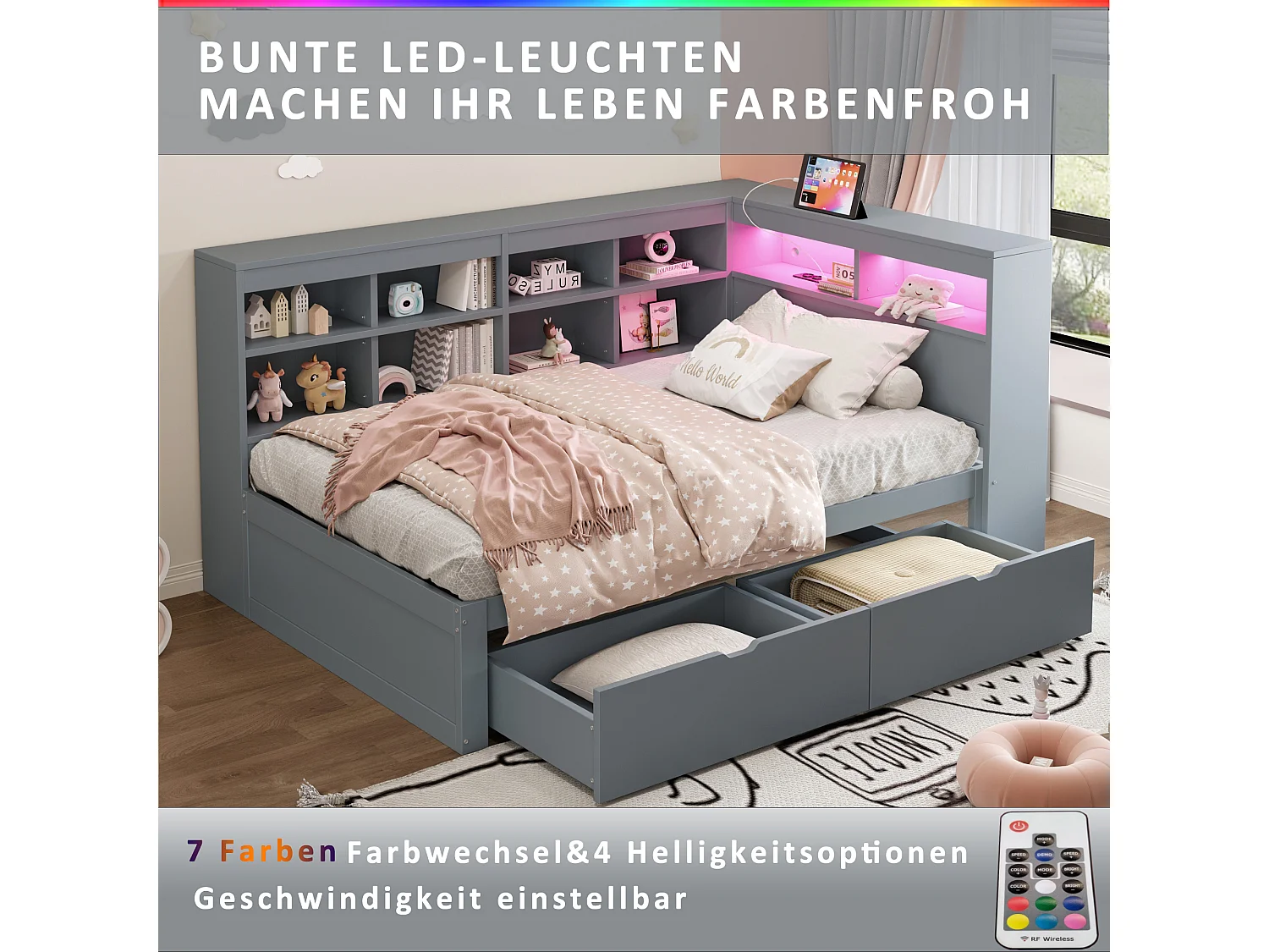 Divano letto imbottito - 90 x 200 cm - 2 cassetti - LED e prese - con contenitore - Tessuto in flanella - grigio