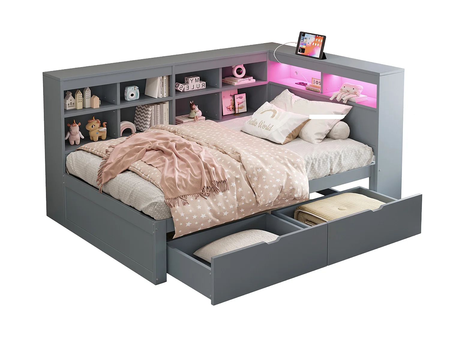 Divano letto imbottito - 90 x 200 cm - 2 cassetti - LED e prese - con contenitore - Tessuto in flanella - grigio