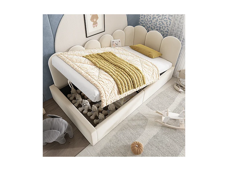 Gepolstertes Schlafsofa mit Stauraum für Kinder - 90 x 200 cm - Samt + Metall + Sperrholz - Beige