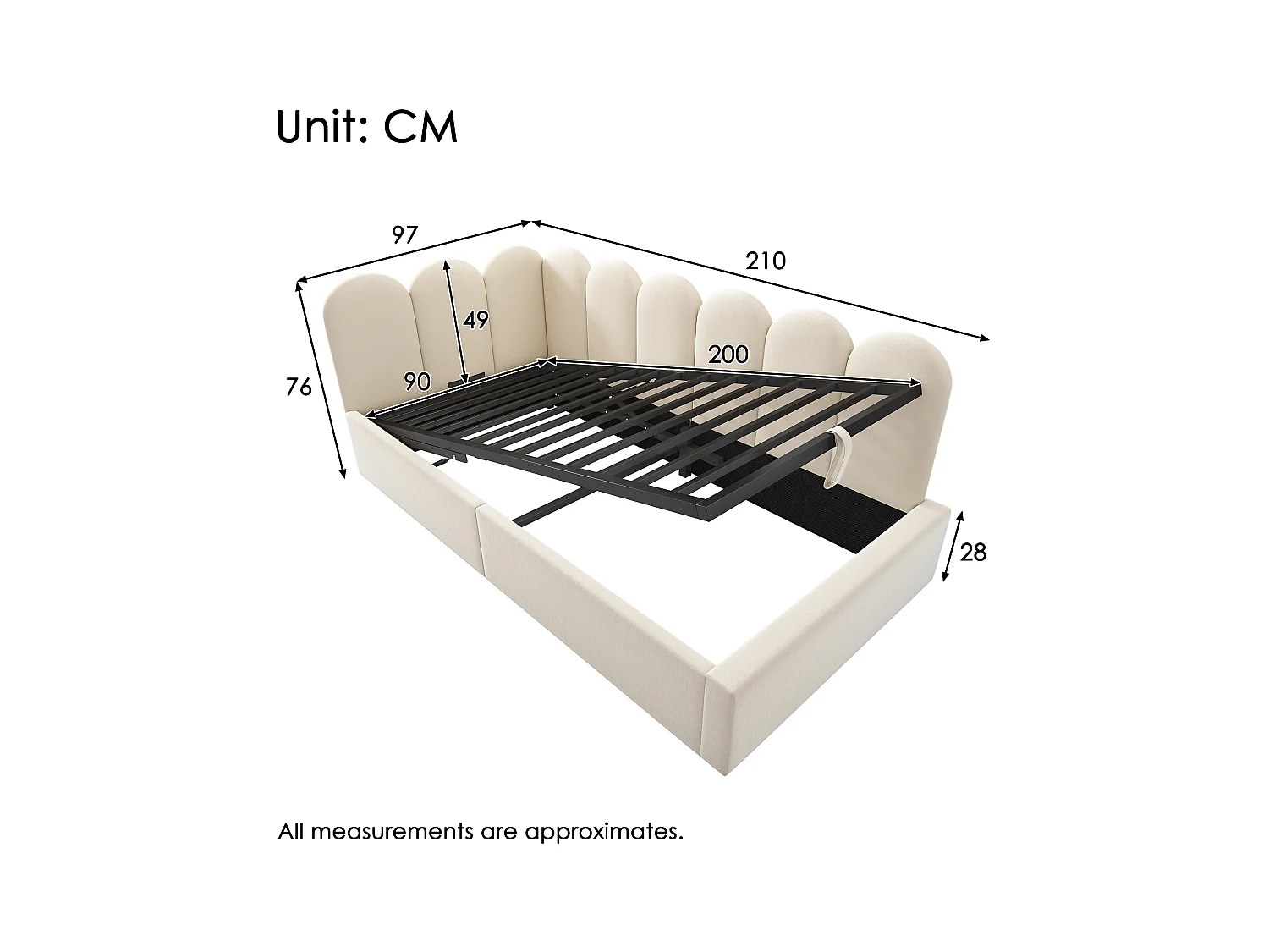 Canapé-lit coffre rembourré pour enfant - 90 x 200 cm - velours + métal + contreplaqué - Beige