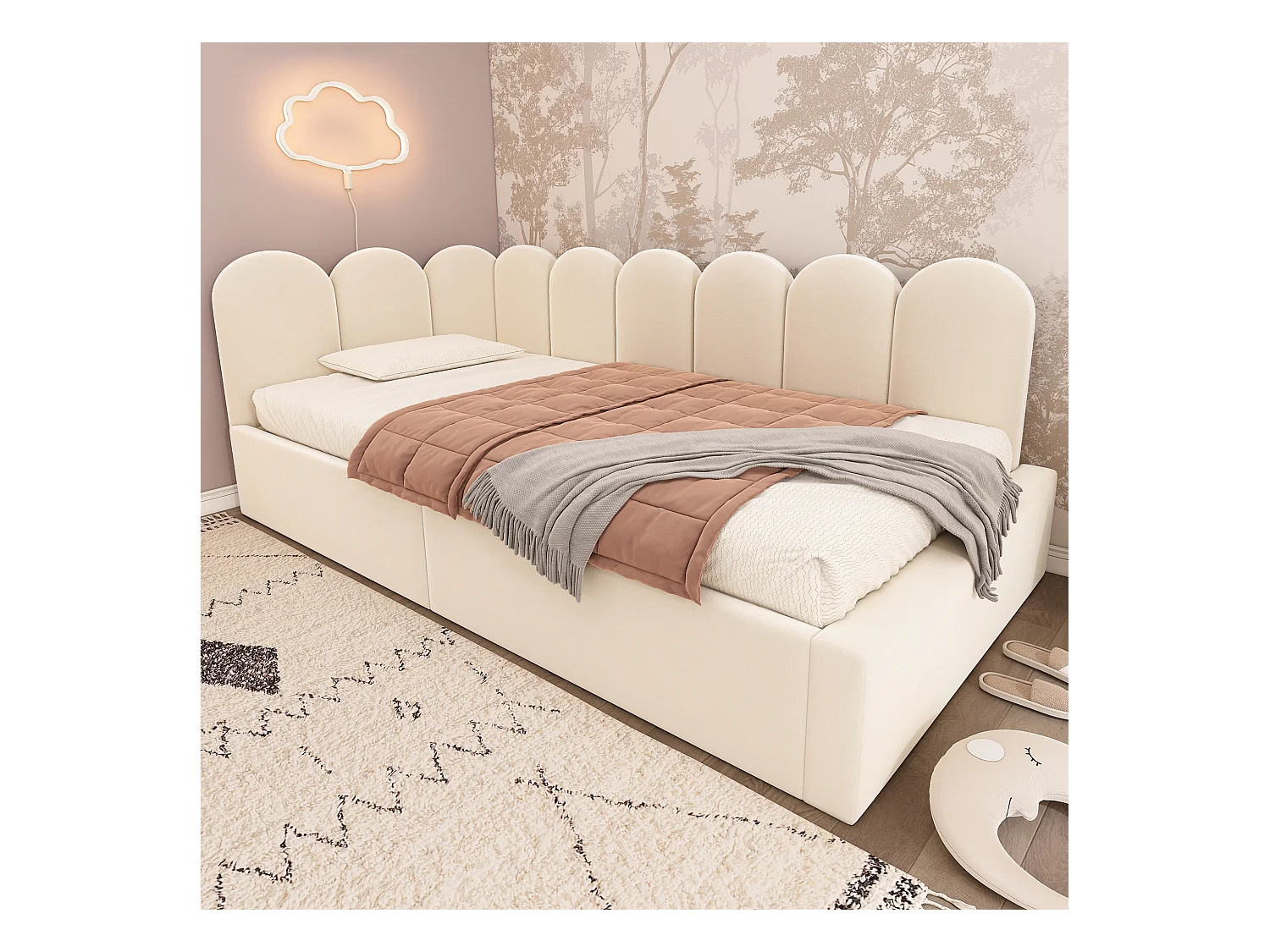 Canapé-lit coffre rembourré pour enfant - 90 x 200 cm - velours + métal + contreplaqué - Beige