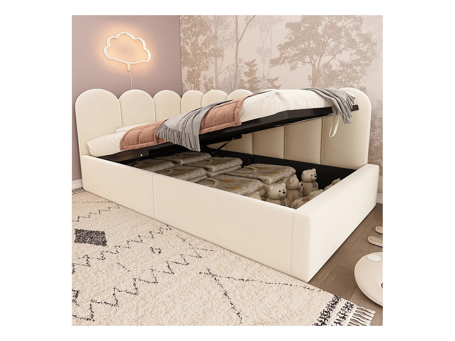 Canapé-lit coffre rembourré pour enfant - 90 x 200 cm - velours + métal + contreplaqué - Beige