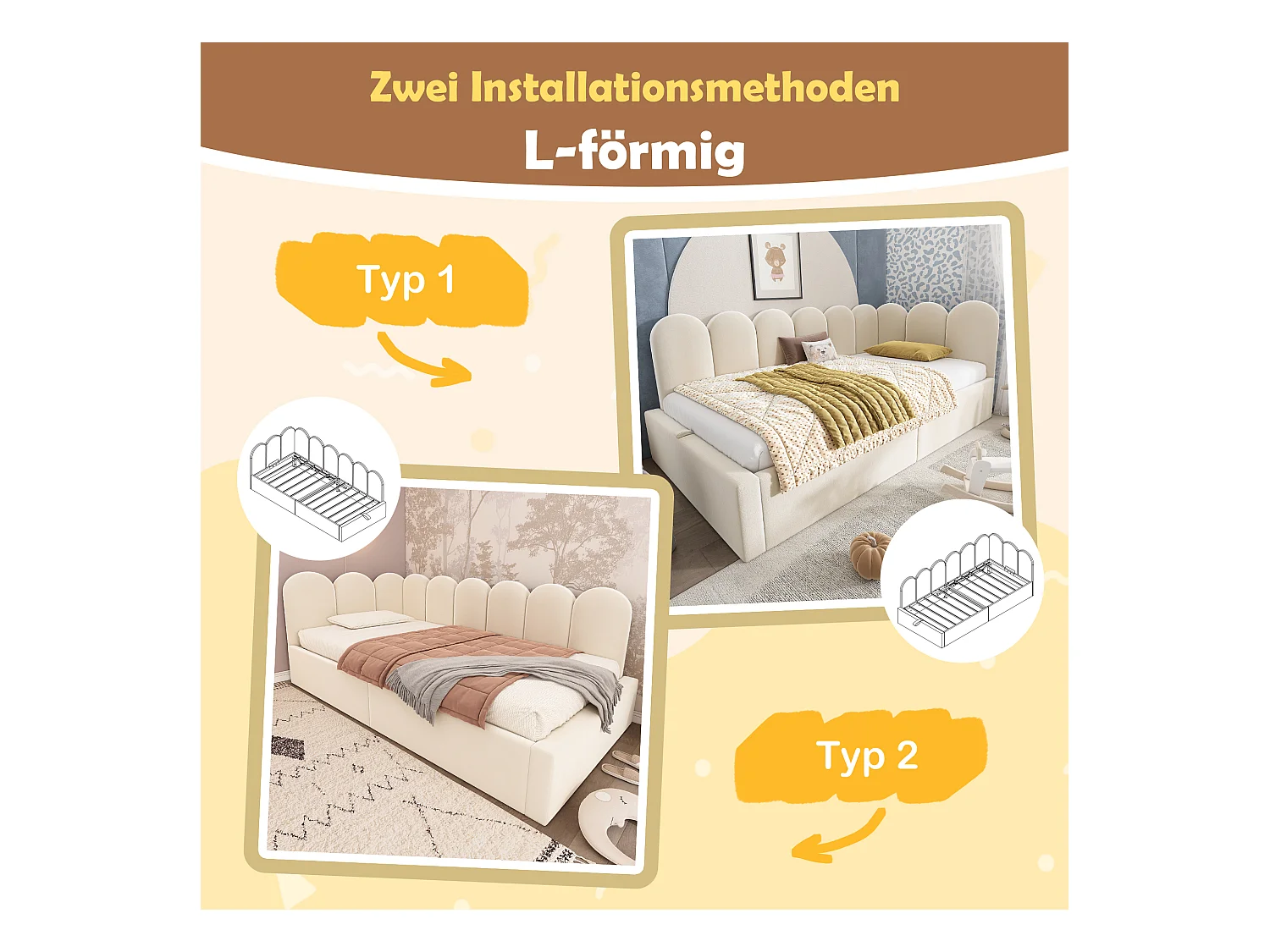 Canapé-lit coffre rembourré pour enfant - 90 x 200 cm - velours + métal + contreplaqué - Beige