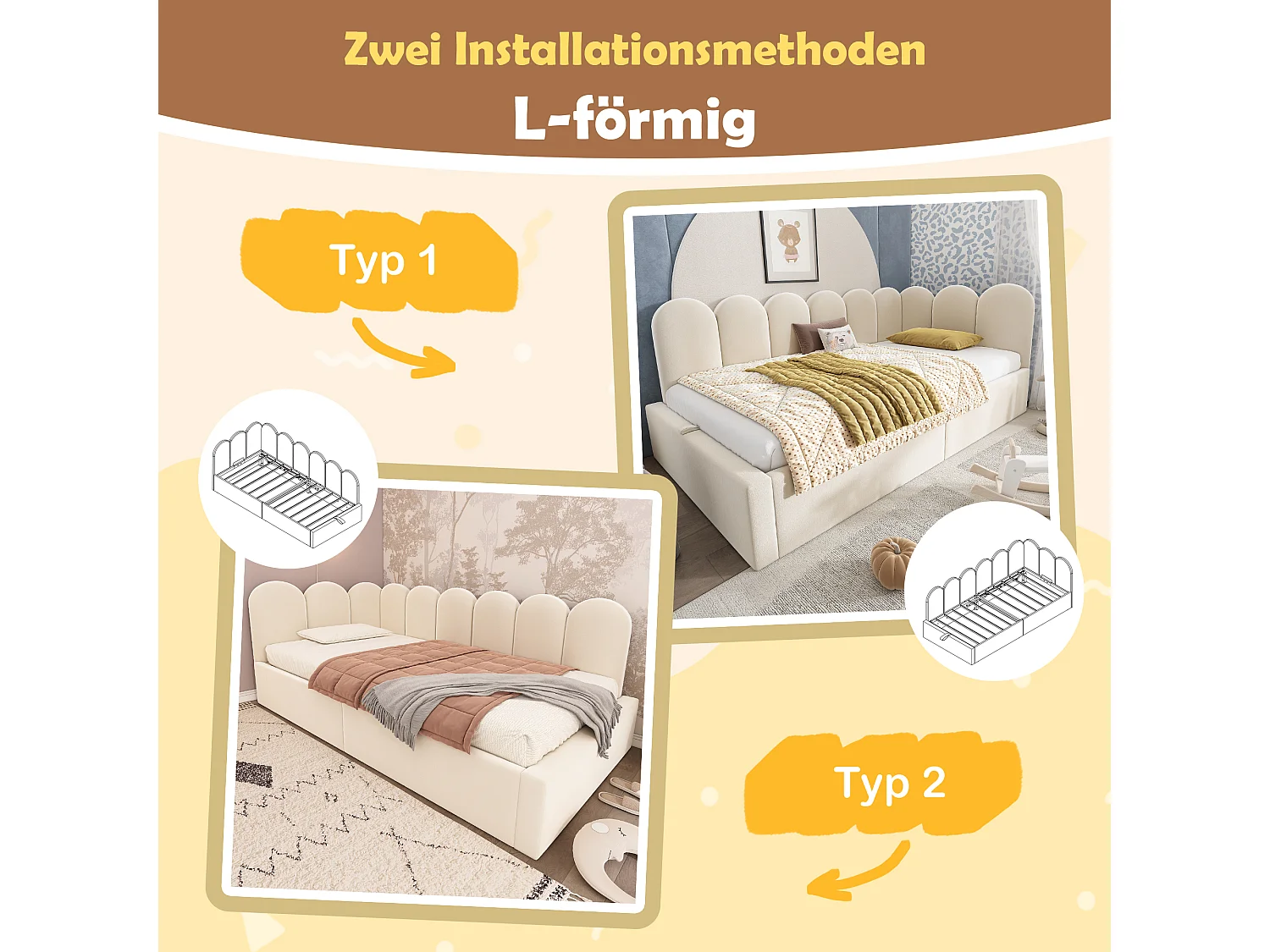 Canapé-lit coffre rembourré pour enfant - 90 x 200 cm - velours + métal + contreplaqué - Beige