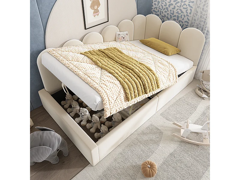 Gepolstertes Schlafsofa mit Stauraum für Kinder - 90 x 200 cm - Samt + Metall + Sperrholz - Beige