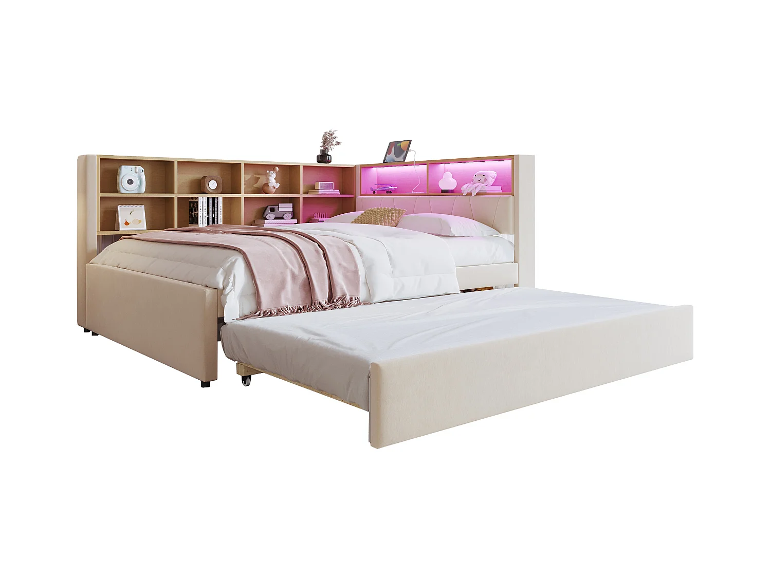 Sofa rozkładana tapicerowana - 140 x 200 cm + 90 x 190 cm - LED i gniazdka - ze schowkiem - Tkanina flanelowa - beżowa