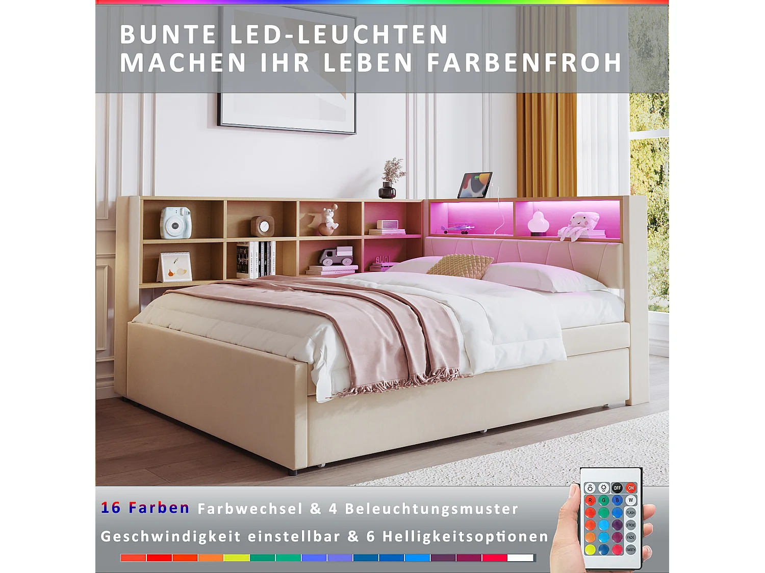 Canapé-lit rembourré gigogne - 140 x 200 cm + 90 x 190 cm - Leds et prises - avec rangements - Tissu flanelle - beige