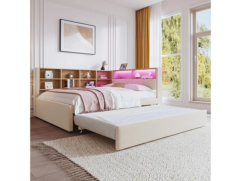 Gestoffeerde uitschuifbare slaapbank - 140 x 200 cm + 90 x 190 cm - LED's en stopcontacten - met opbergruimte - Flanellen stof - beige