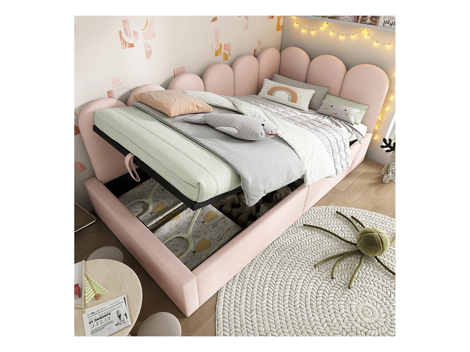 Divano letto contenitore imbottito per bambini - 90 x 190 cm - Velluto + Metallo + Compensato - Rosa