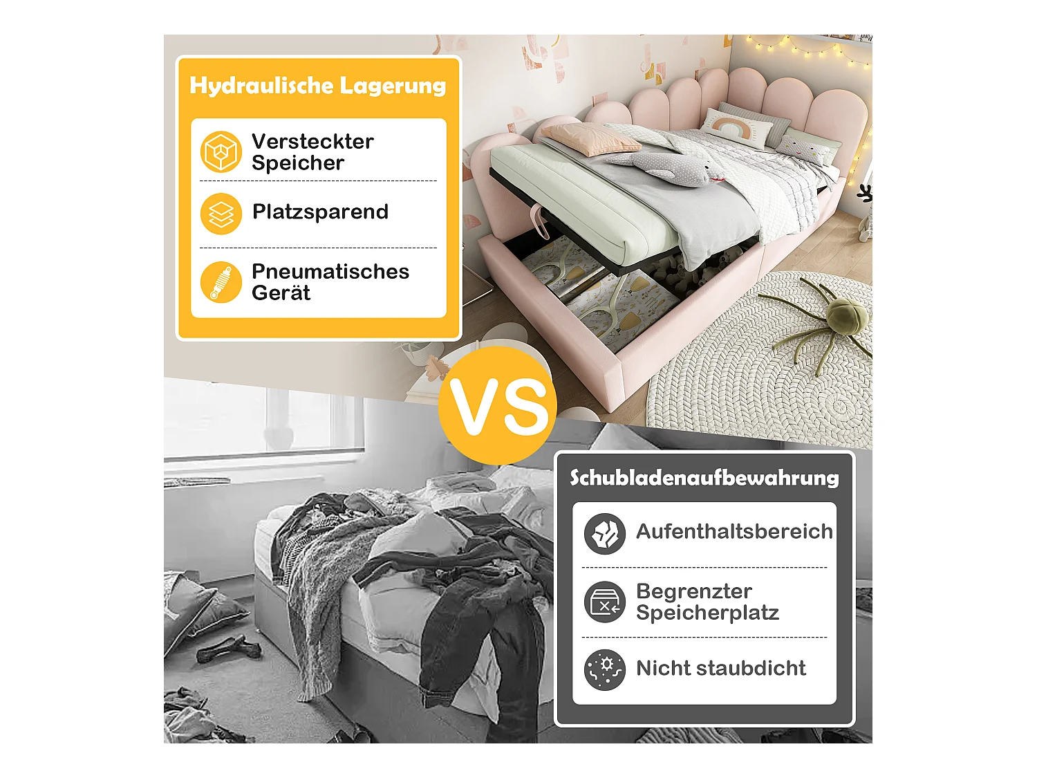 Divano letto contenitore imbottito per bambini - 90 x 190 cm - Velluto + Metallo + Compensato - Rosa