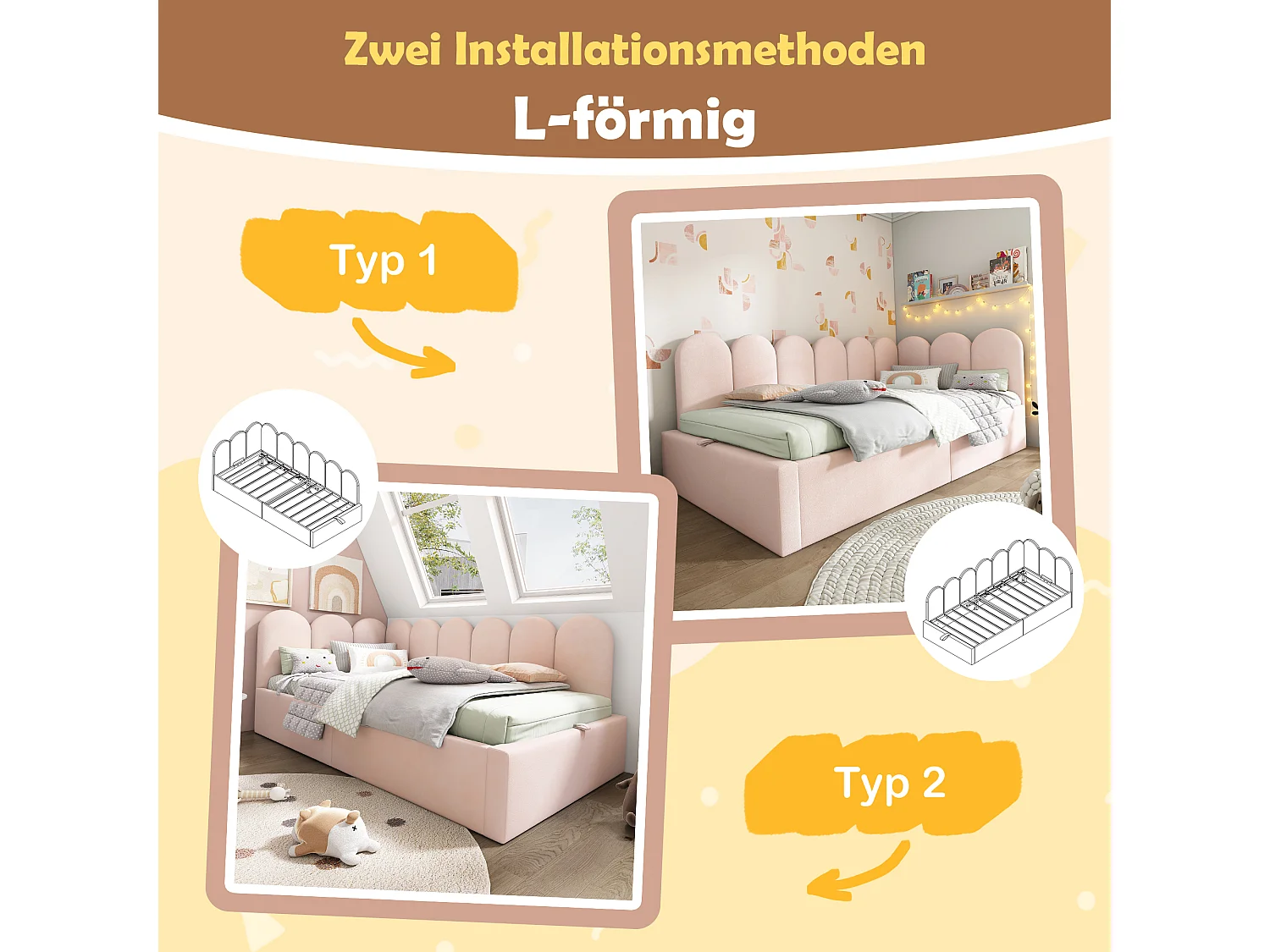 Canapé-lit coffre rembourré pour enfant - 90 x 190 cm - velours + métal + contreplaqué - rose