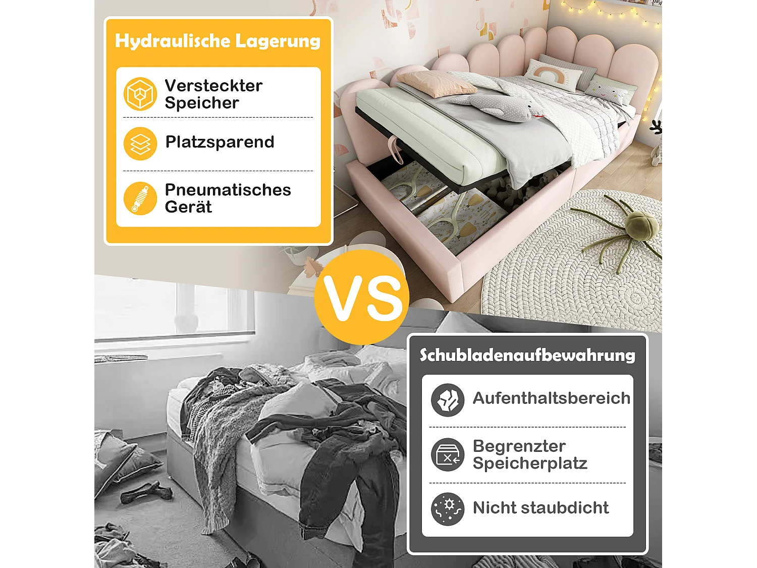 Canapé-lit coffre rembourré pour enfant - 90 x 190 cm - velours + métal + contreplaqué - rose