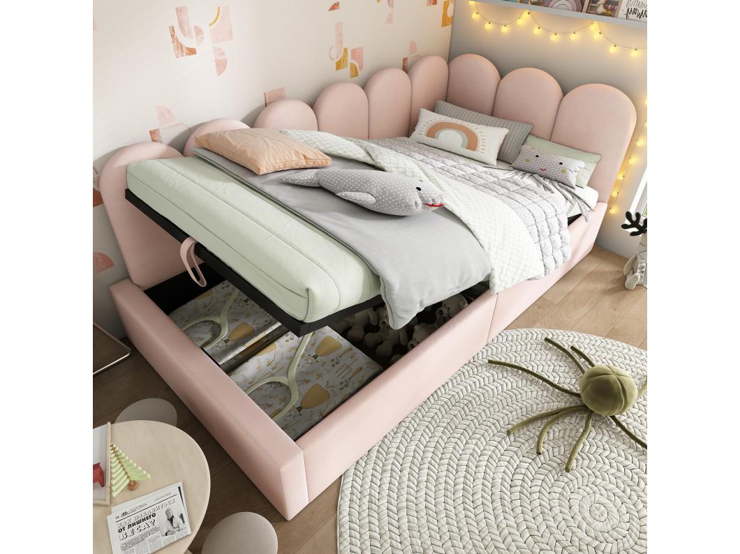 Sofa tapicerowana z funkcją przechowywania dla dzieci - 90 x 190 cm - aksamit + metal + sklejka - różowa