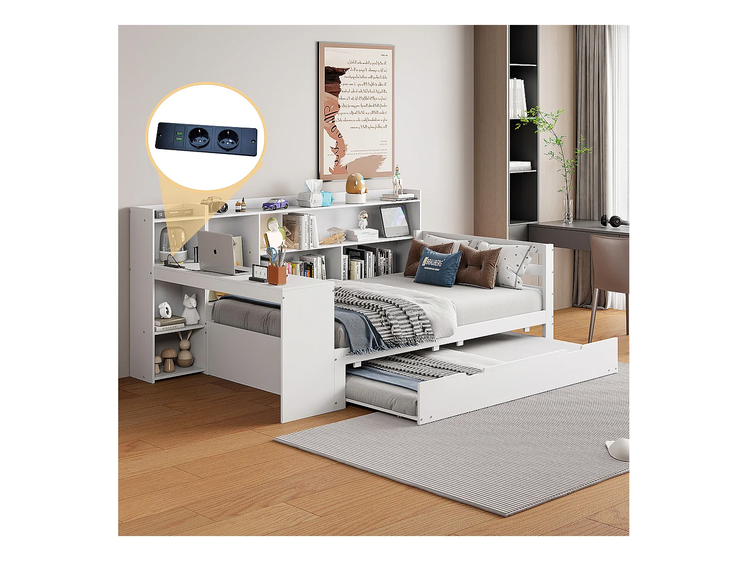 Lit banquette - 90 x 200 cm + 90 x 190 cm - Canapé-lit - rangement + bureau - bois de pin + contreplaqué + MDF - Blanc