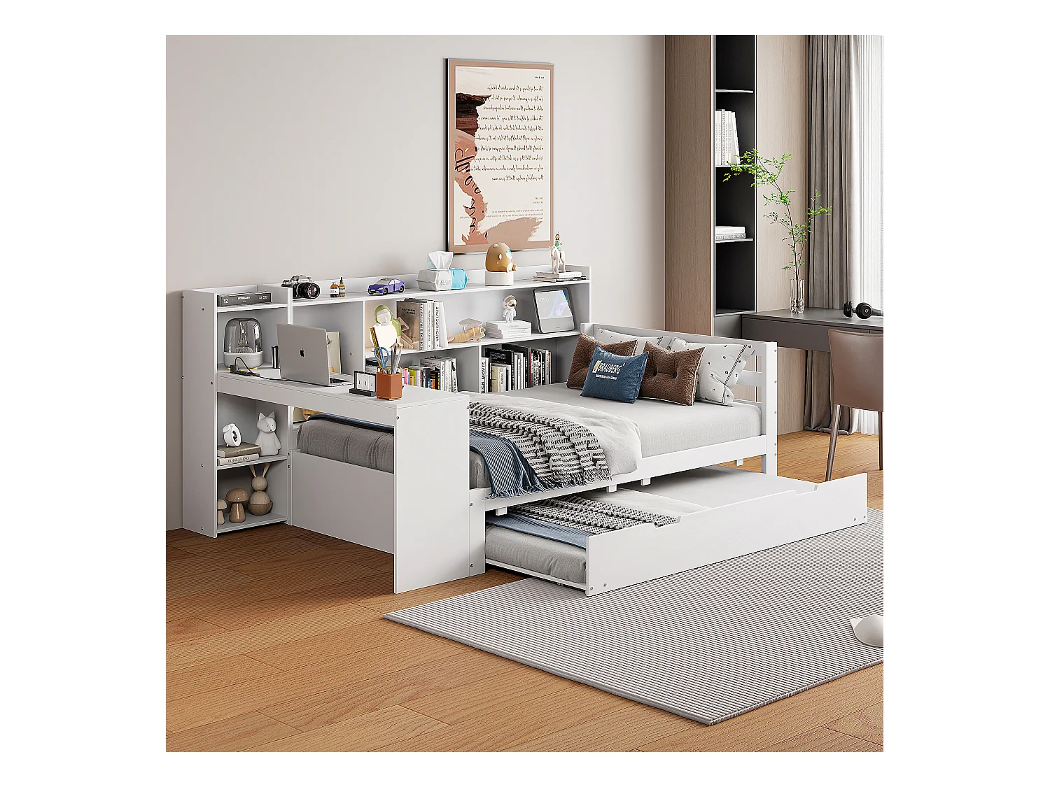 Lit banquette - 90 x 200 cm + 90 x 190 cm - Canapé-lit - rangement + bureau - bois de pin + contreplaqué + MDF - Blanc