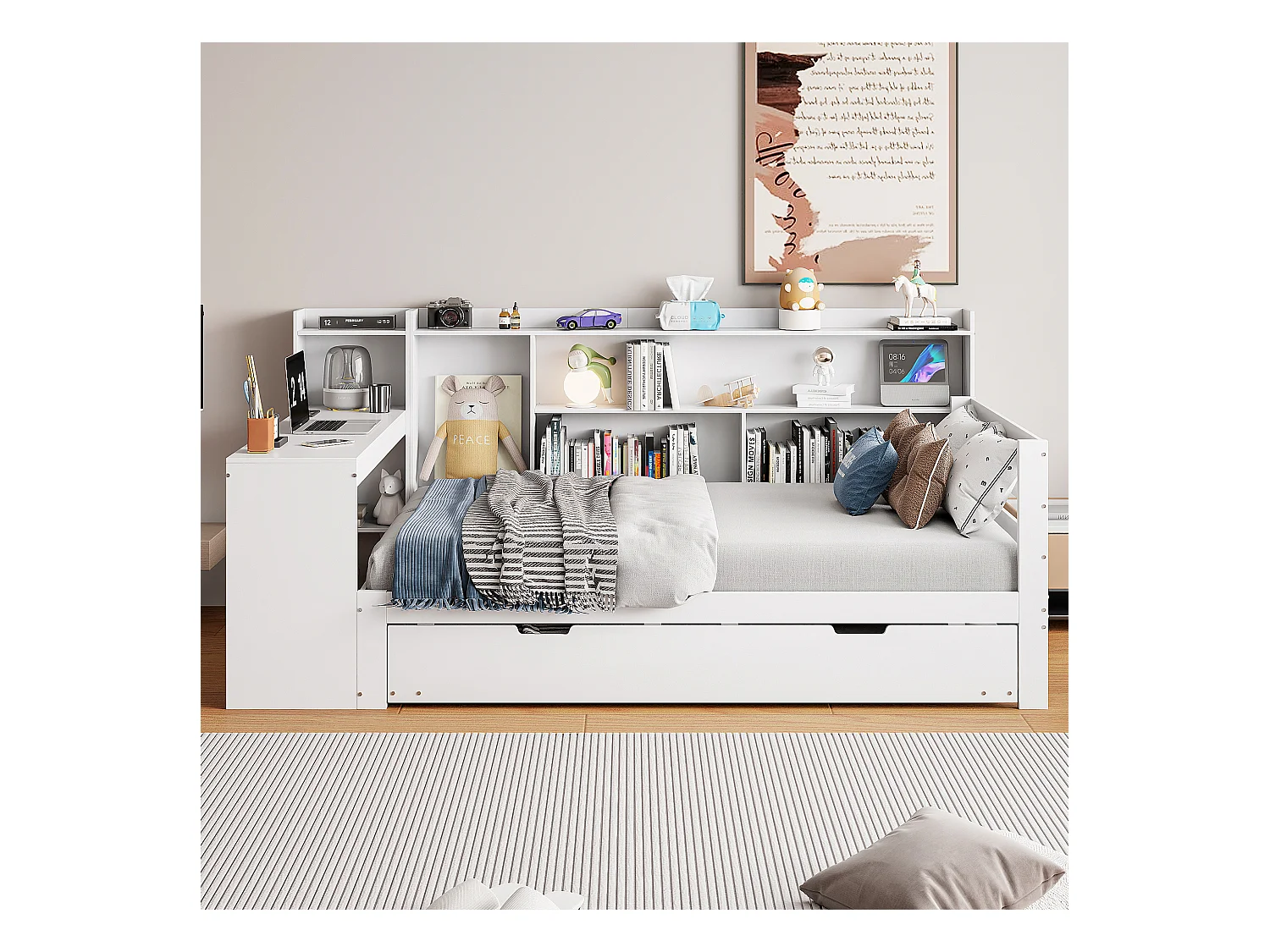 Lit banquette - 90 x 200 cm + 90 x 190 cm - Canapé-lit - rangement + bureau - bois de pin + contreplaqué + MDF - Blanc