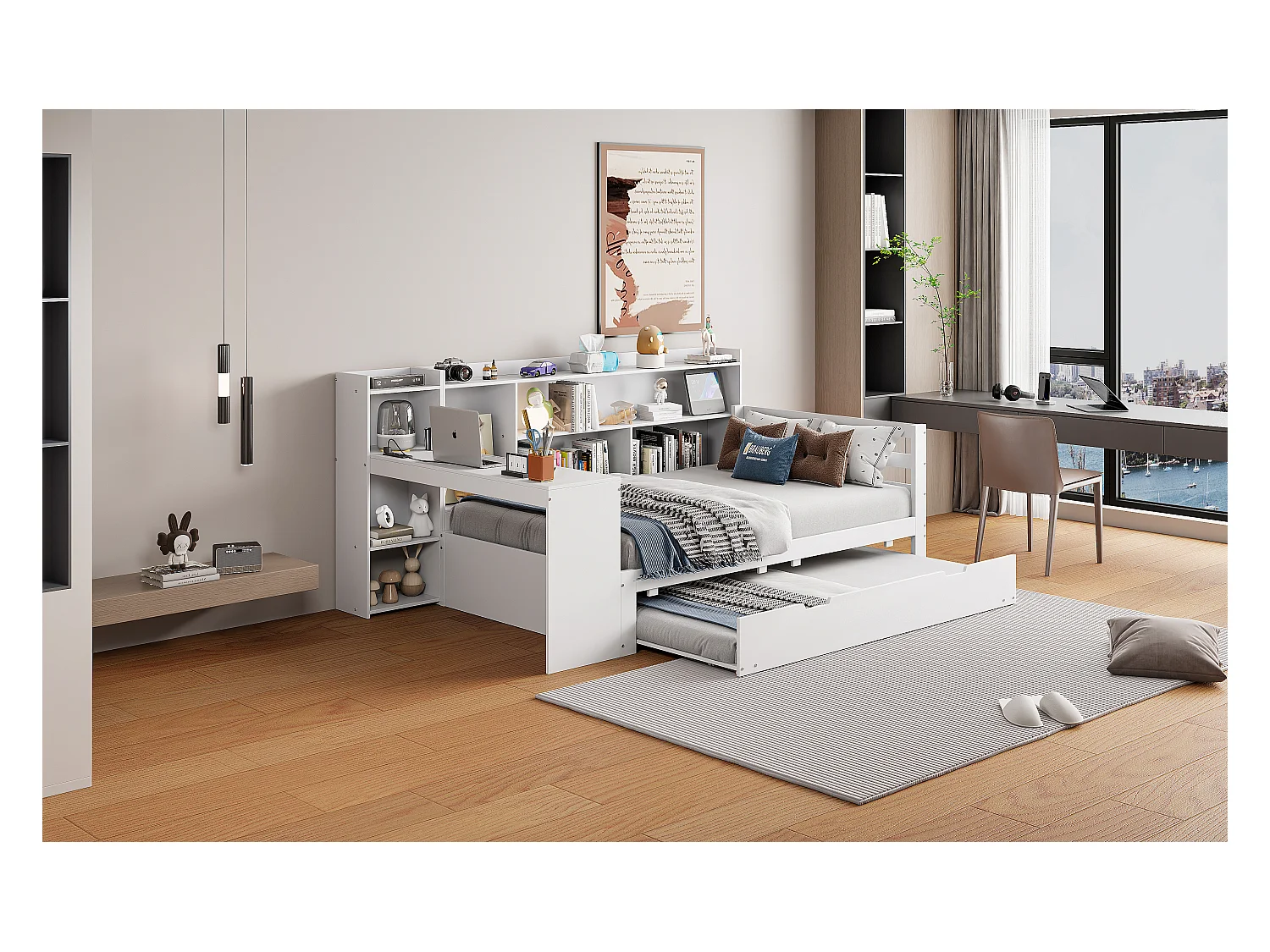 Lit banquette - 90 x 200 cm + 90 x 190 cm - Canapé-lit - rangement + bureau - bois de pin + contreplaqué + MDF - Blanc