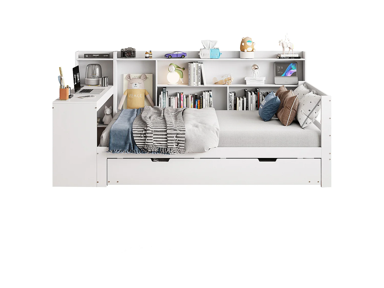 Lit banquette - 90 x 200 cm + 90 x 190 cm - Canapé-lit - rangement + bureau - bois de pin + contreplaqué + MDF - Blanc