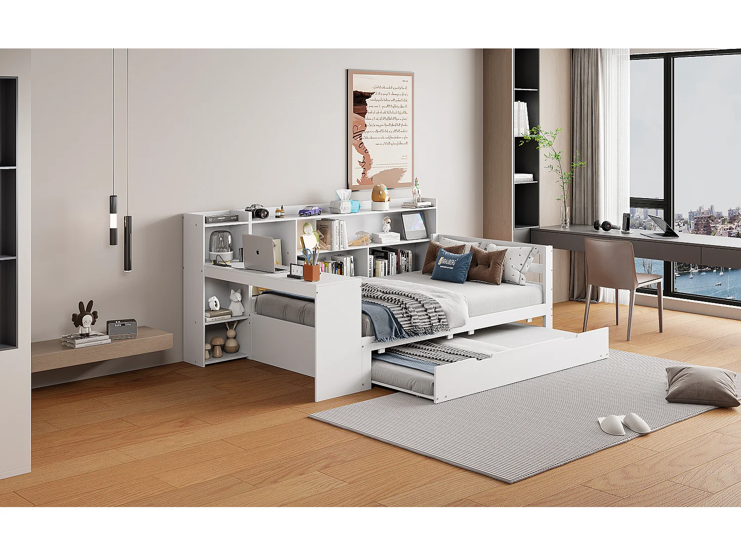 Tagesbett - 90 x 200 cm + 90 x 190 cm - Schlafsofa - Stauraum + Schreibtisch - Kiefernholz + Sperrholz + MDF - Weiß