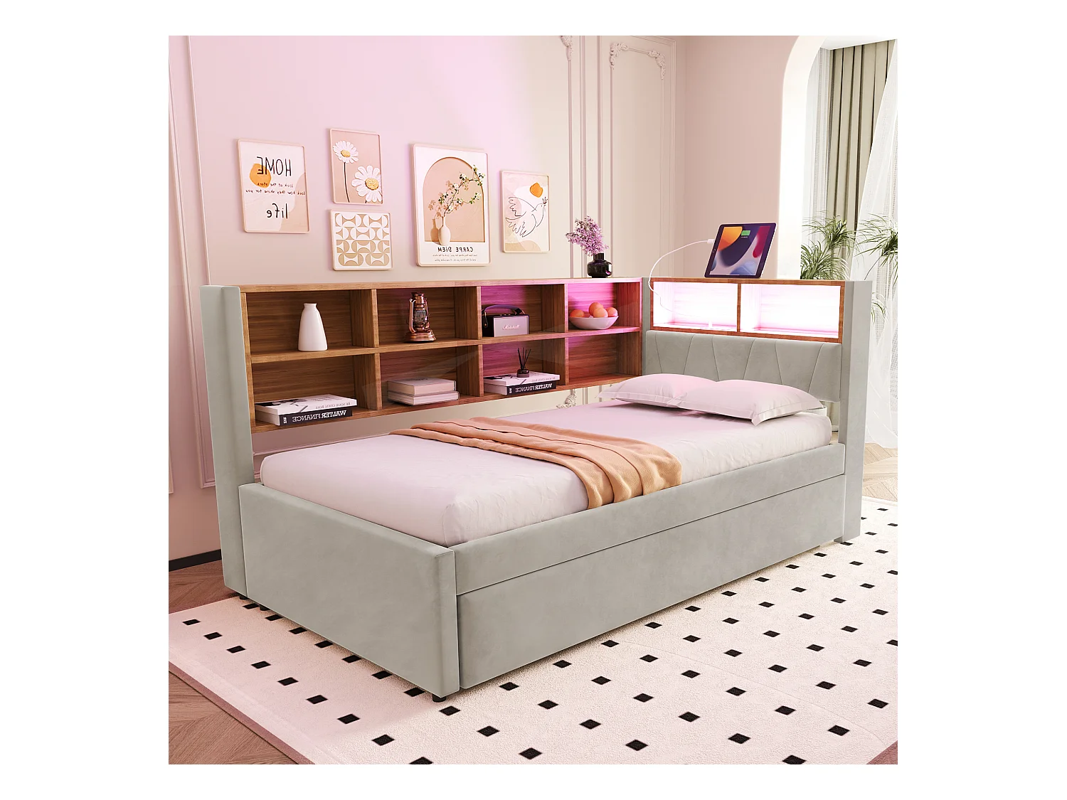 Canapé-lit rembourré gigogne - 90 x 200 cm + 90 x 190 cm - Leds et prises - avec rangements - Tissu flanelle - beige