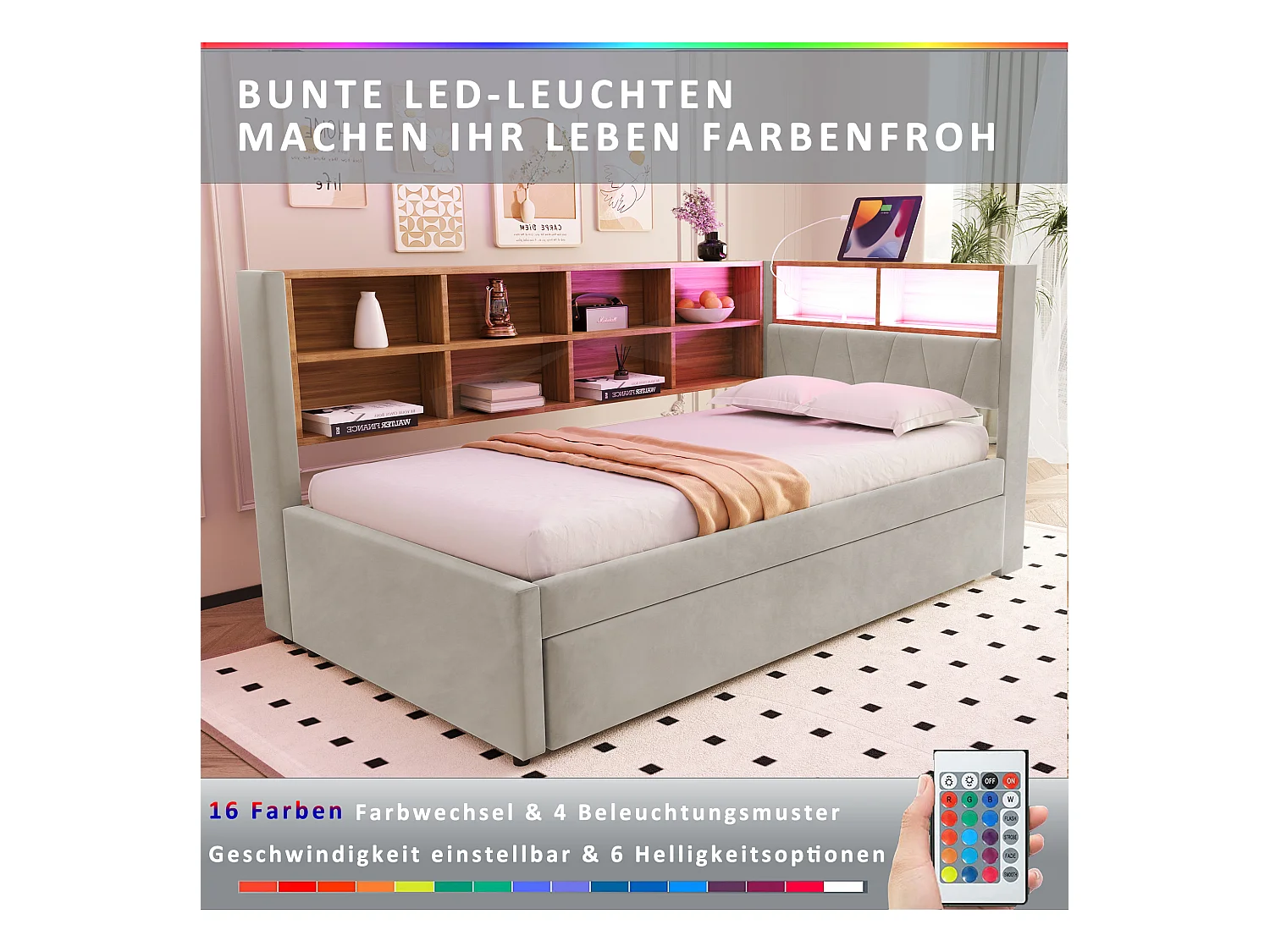 Canapé-lit rembourré gigogne - 90 x 200 cm + 90 x 190 cm - Leds et prises - avec rangements - Tissu flanelle - beige