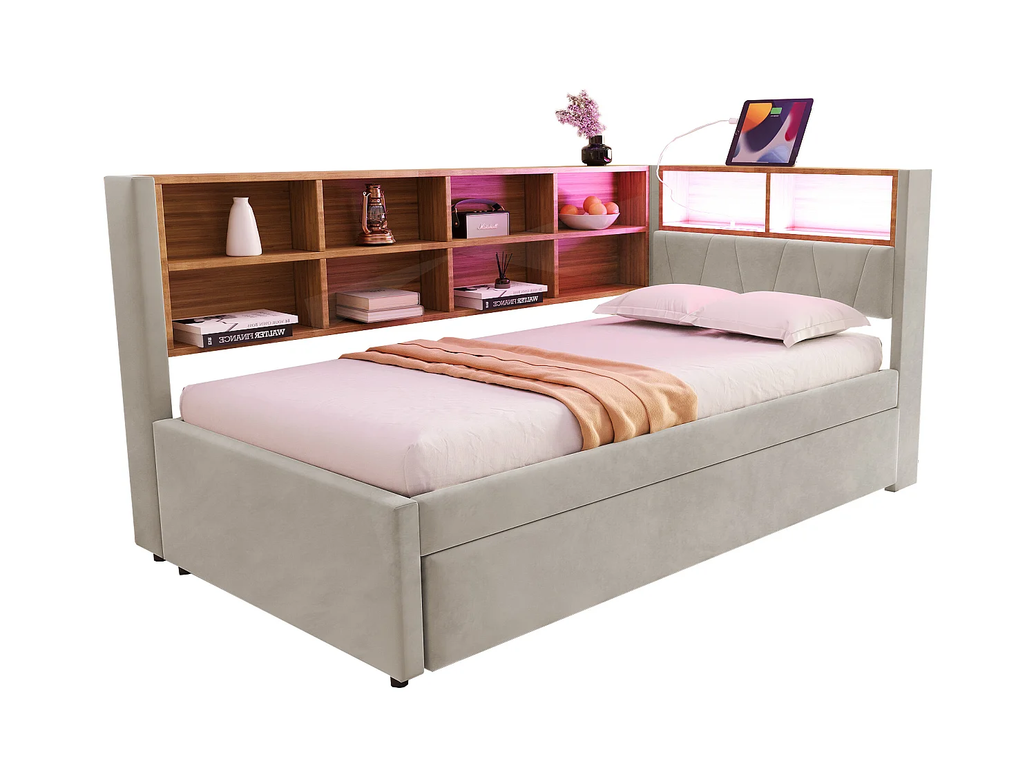 Canapé-lit rembourré gigogne - 90 x 200 cm + 90 x 190 cm - Leds et prises - avec rangements - Tissu flanelle - beige