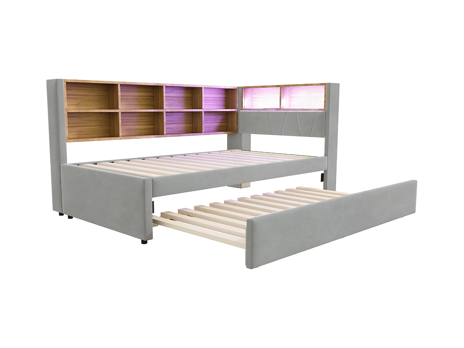 Canapé-lit rembourré gigogne - 90 x 200 cm + 90 x 190 cm - Leds et prises - avec rangements - Tissu flanelle - beige