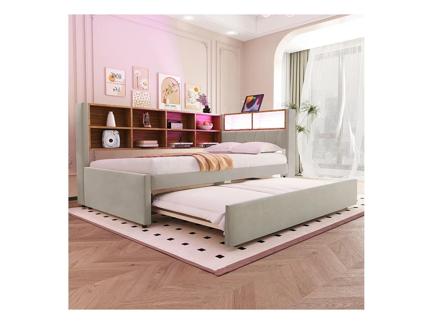 Gepolstertes Ausziehsofa - 90 x 200 cm + 90 x 190 cm - LEDs und Steckdosen - mit Stauraum - Flanellstoff - Beige