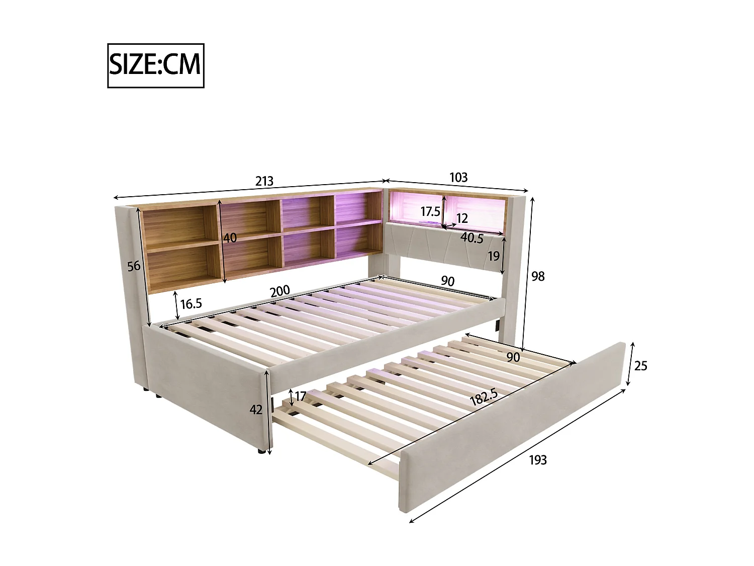 Canapé-lit rembourré gigogne - 90 x 200 cm + 90 x 190 cm - Leds et prises - avec rangements - Tissu flanelle - beige