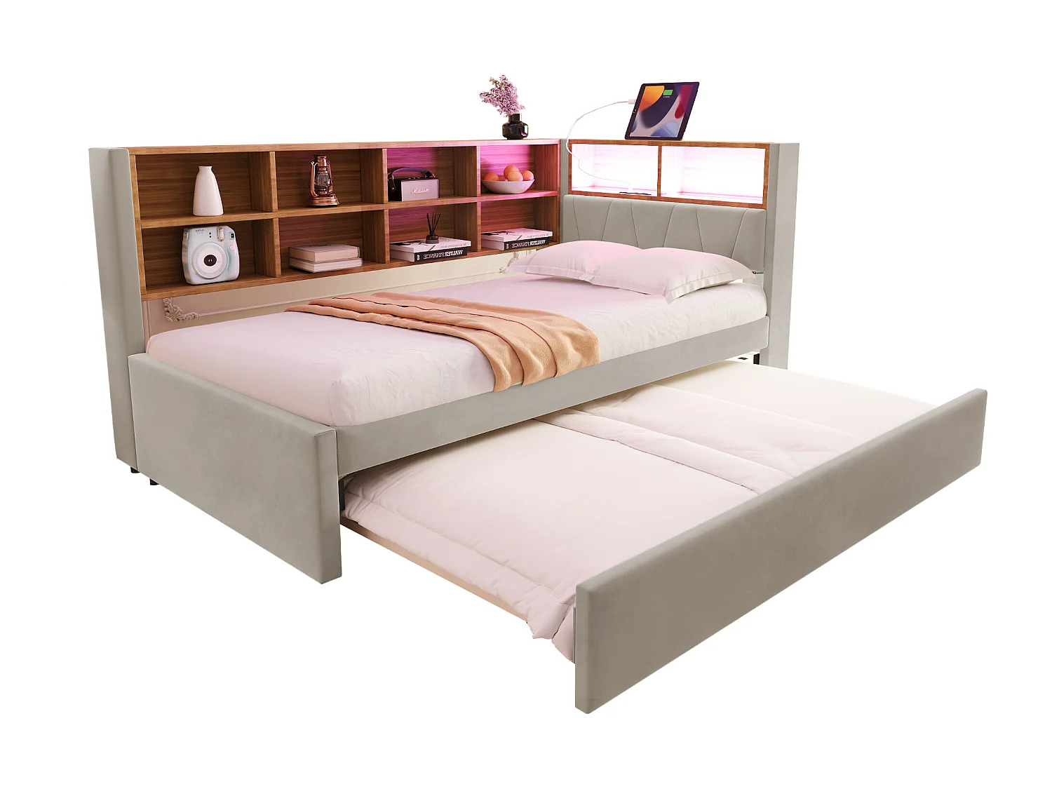 Canapé-lit rembourré gigogne - 90 x 200 cm + 90 x 190 cm - Leds et prises - avec rangements - Tissu flanelle - beige