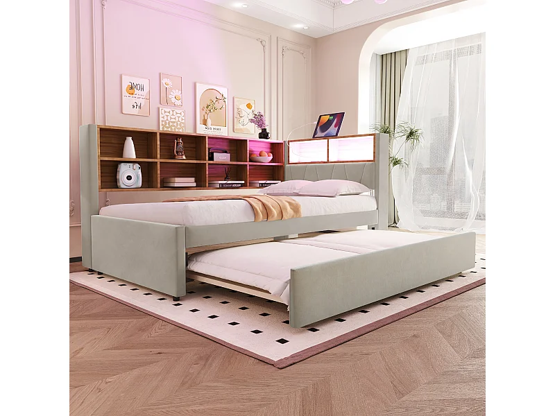 Gestoffeerde uitschuifbare slaapbank - 90 x 200 cm + 90 x 190 cm - LED's en stopcontacten - met opbergruimte - Flanellen stof - beige