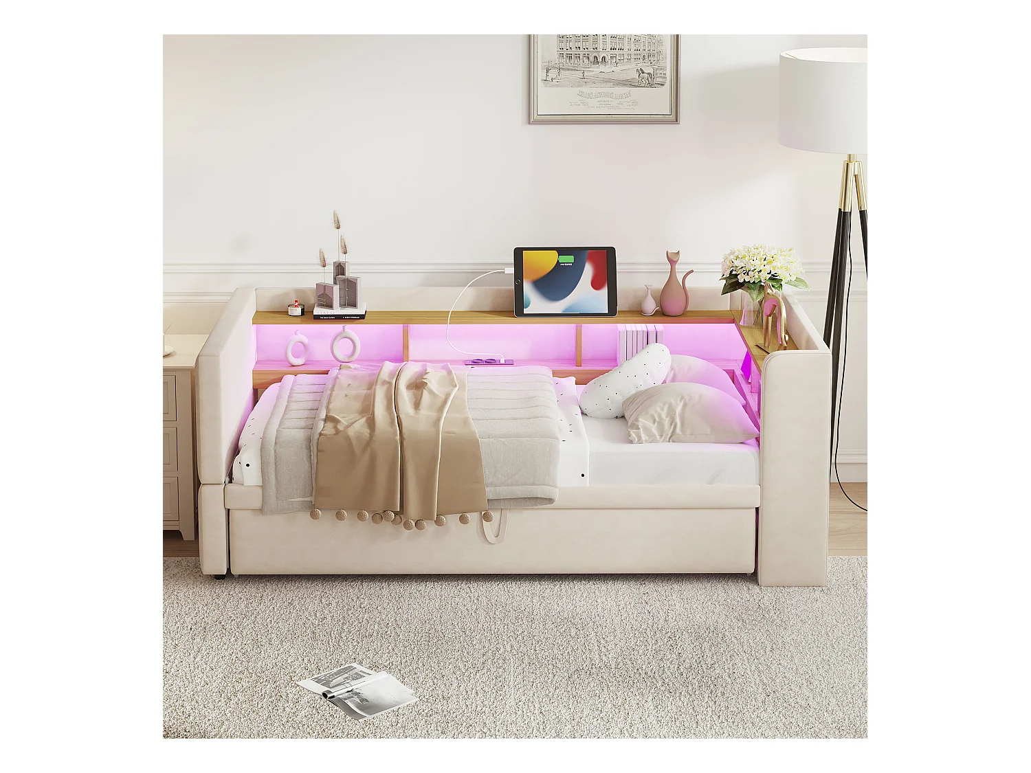 Canapé-lit banquette gigogne - 2 x 90 x 190 cm - Rangements + Leds + prises de charge - Bois massif - beige
