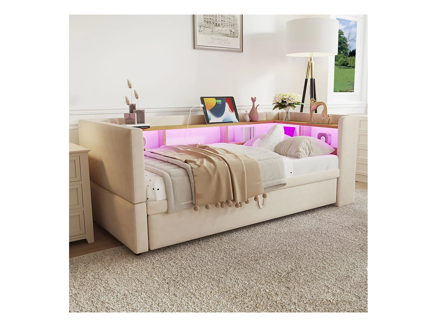 Canapé-lit banquette gigogne - 2 x 90 x 190 cm - Rangements + Leds + prises de charge - Bois massif - beige