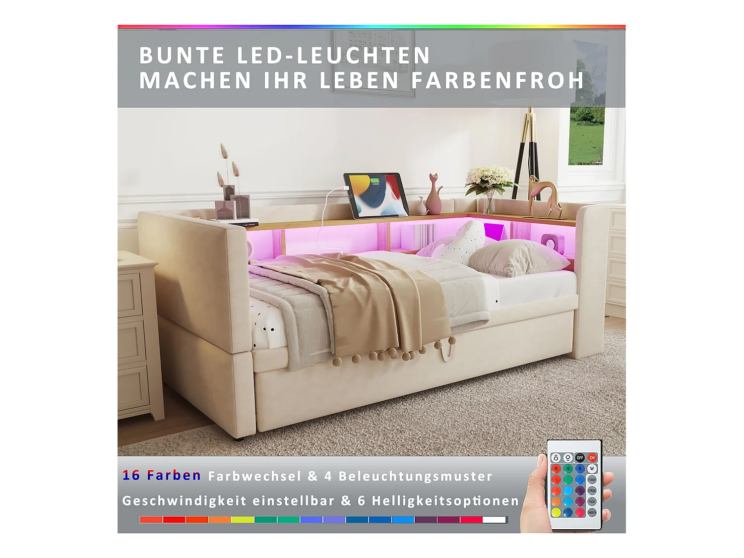 Canapé-lit banquette gigogne - 2 x 90 x 190 cm - Rangements + Leds + prises de charge - Bois massif - beige