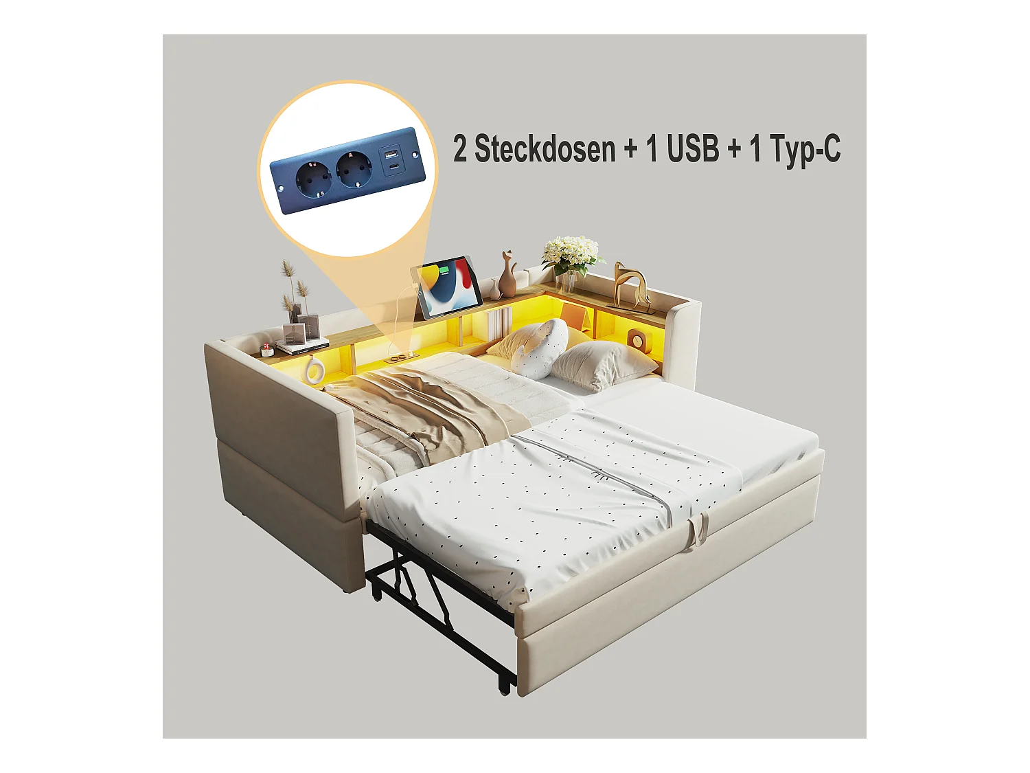 Canapé-lit banquette gigogne - 2 x 90 x 190 cm - Rangements + Leds + prises de charge - Bois massif - beige