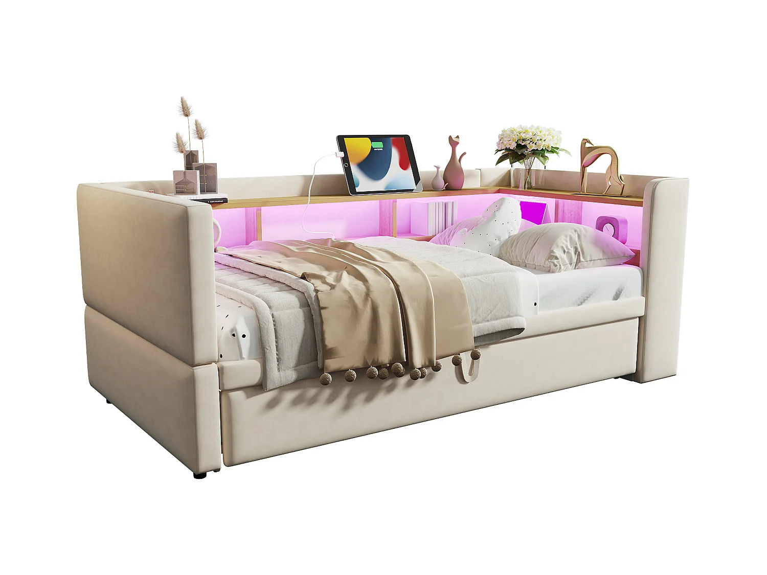 Canapé-lit banquette gigogne - 2 x 90 x 190 cm - Rangements + Leds + prises de charge - Bois massif - beige