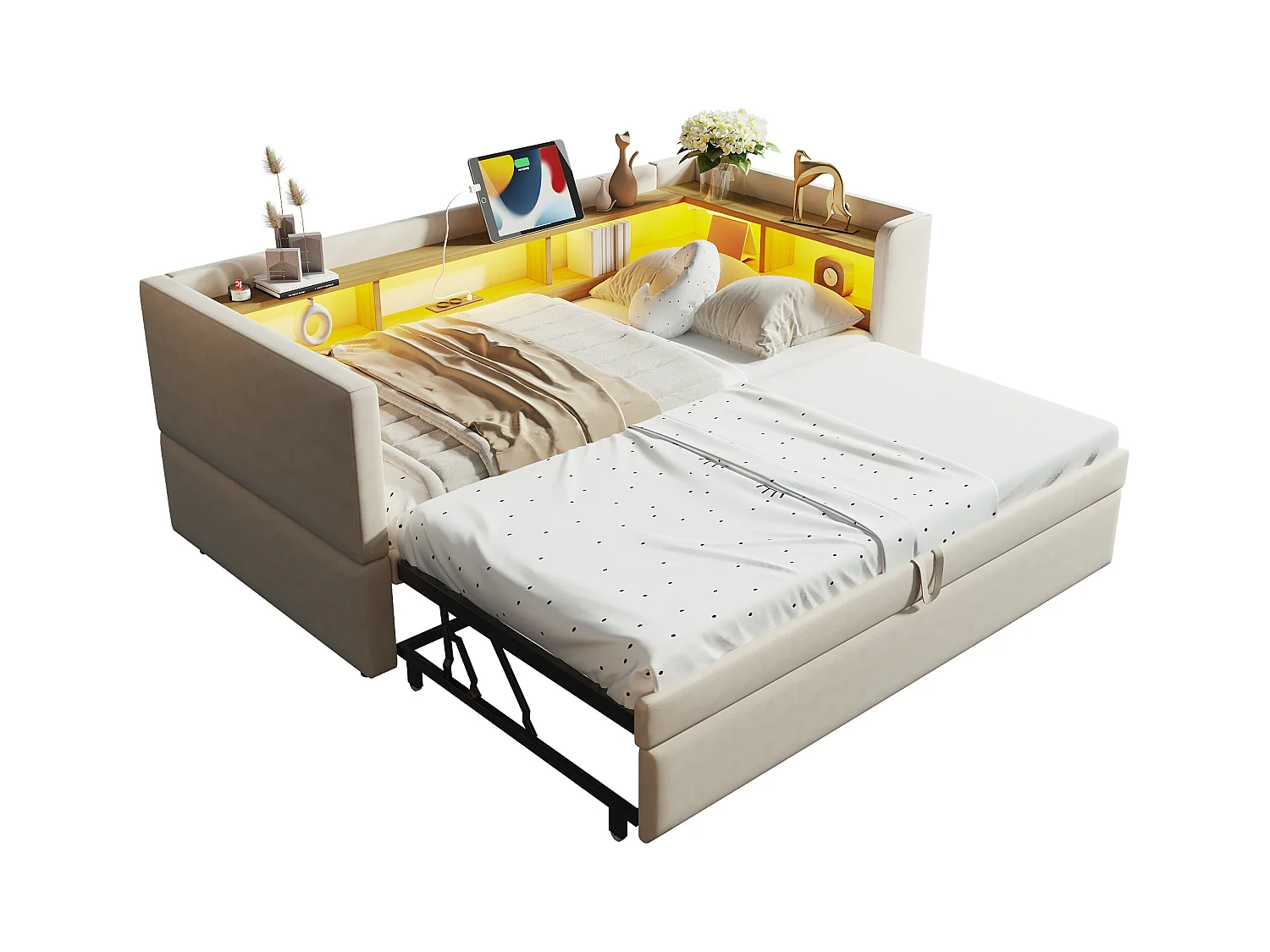 Canapé-lit banquette gigogne - 2 x 90 x 190 cm - Rangements + Leds + prises de charge - Bois massif - beige