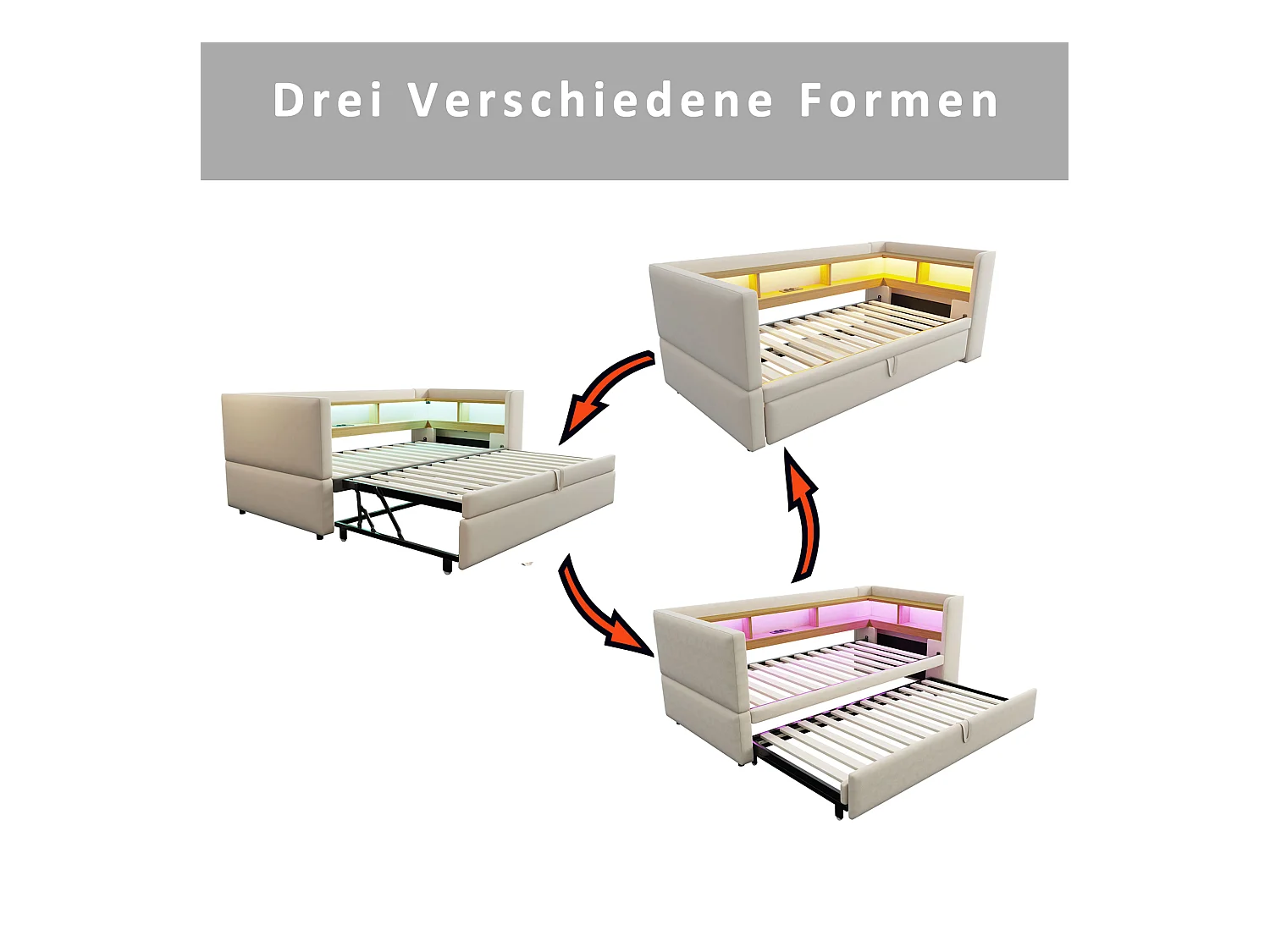 Canapé-lit banquette gigogne - 2 x 90 x 190 cm - Rangements + Leds + prises de charge - Bois massif - beige